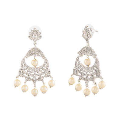 Estele Rhodium Plated CZ Enchanting Leaf Designer Earrings with Pearls for Women