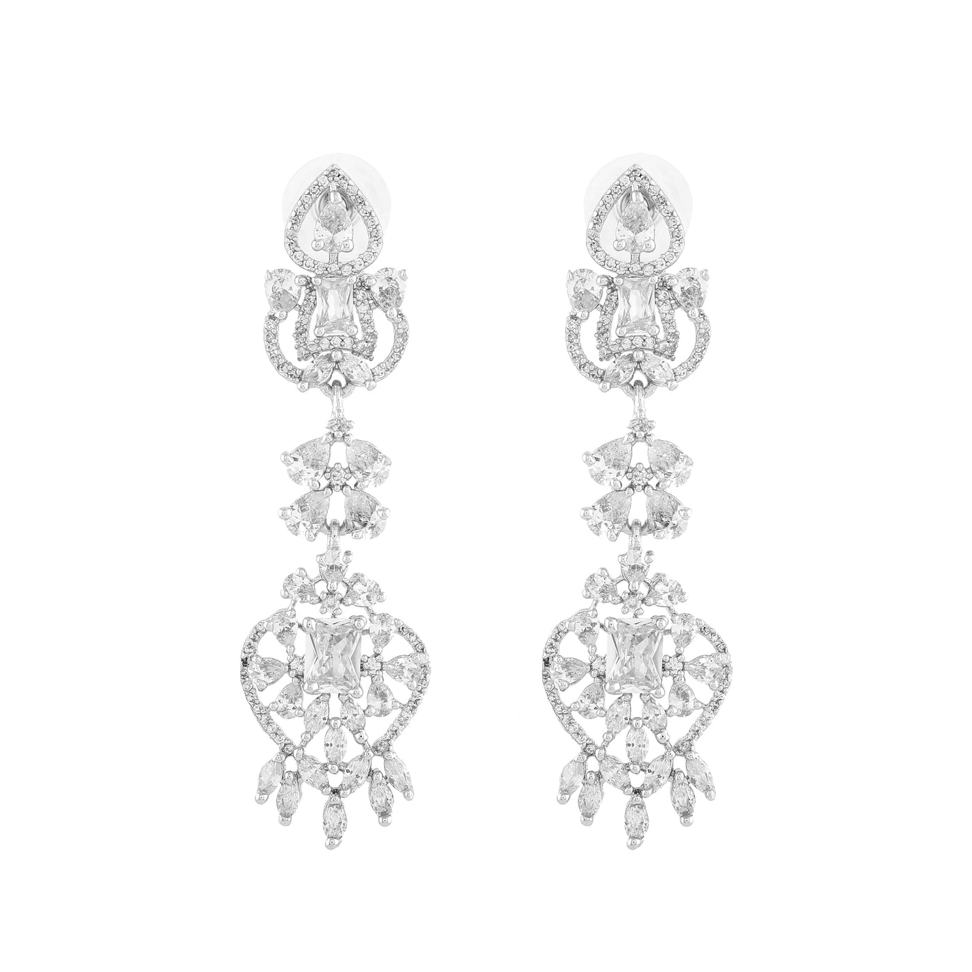 Estele Rhodium Plated CZ Magnificent Drop Earrings with White Crystals for Women
