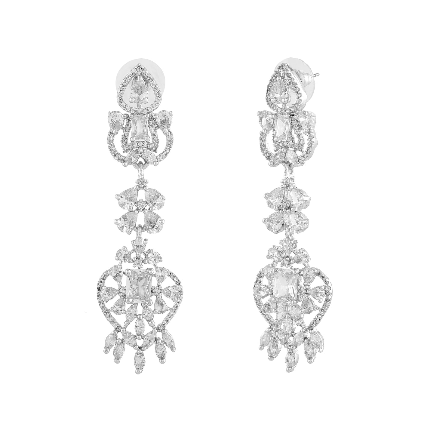 Estele Rhodium Plated CZ Magnificent Drop Earrings with White Crystals for Women