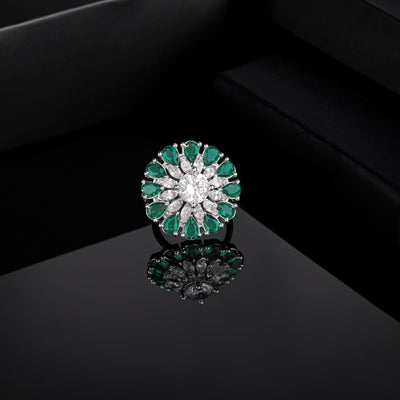 Estele Rhodium Plated CZ Adjustable Classic Flower Shaped Emerald/ Green Finger Ring for Women