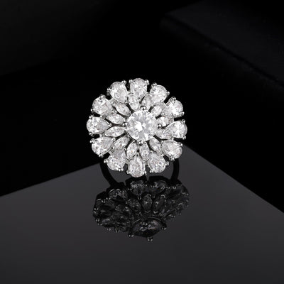 Estele Rhodium Plated CZ Adjustable Flower Shaped Finger Ring for Women