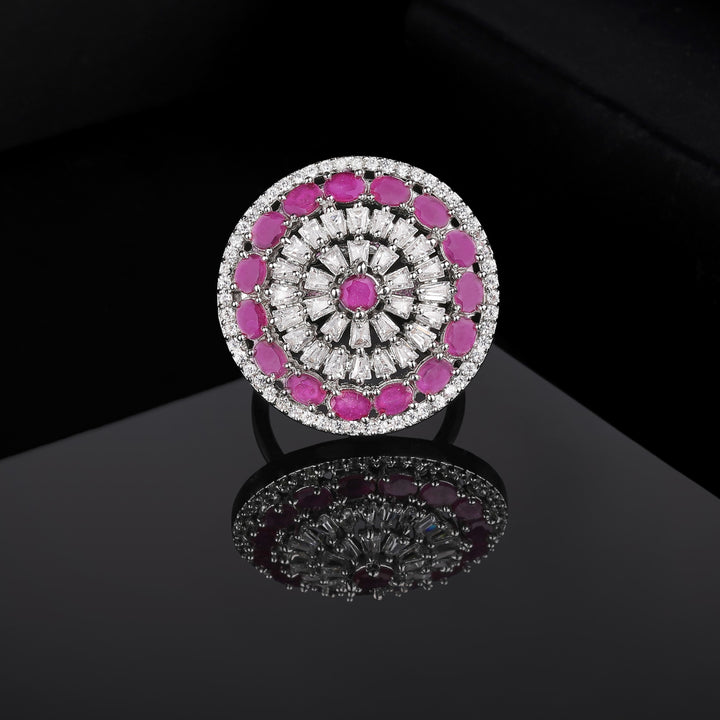Estele Rhodium Plated CZ Adjustable Magnificent Ruby Finger Ring for Women