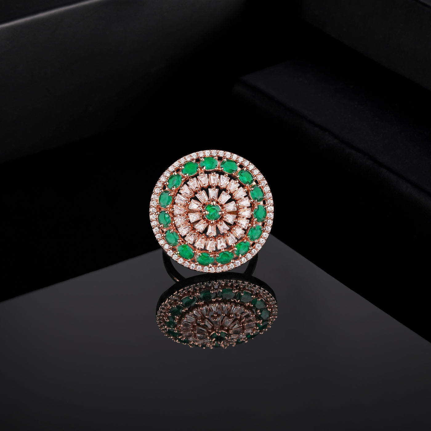 Estele Rose Gold Plated CZ Adjustable Gorgeous Flower Shaped Emerald/ Green Finger Ring for Women