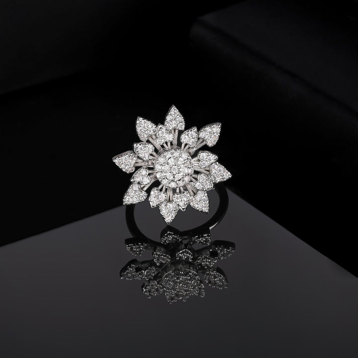Estele Rhodium Plated CZ Adjustable Glorious Floral Shaped Finger Ring for Women