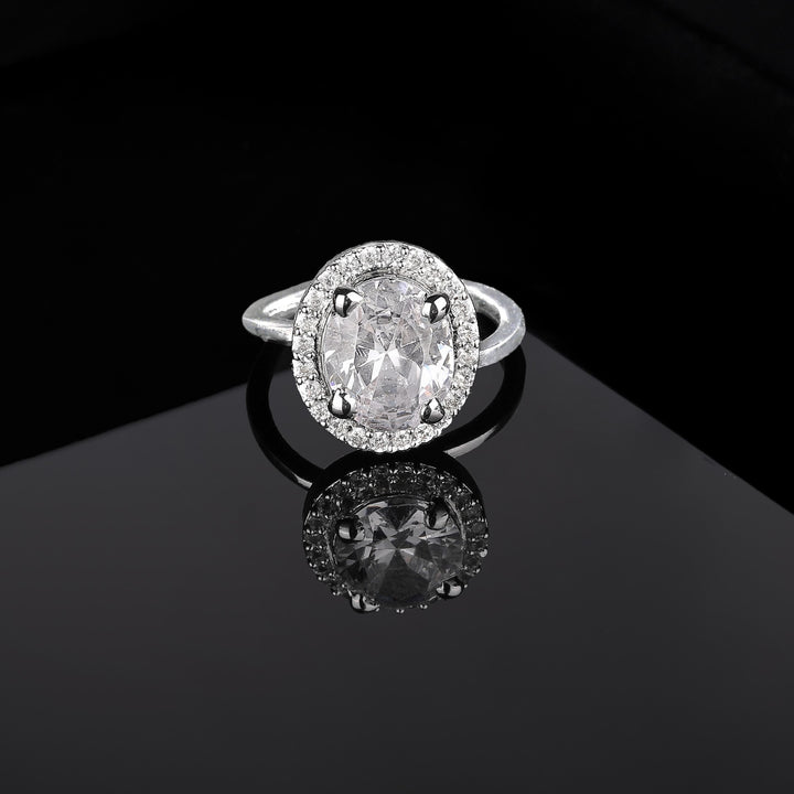 Estele Rhodium Plated CZ Adjustable Round Halo Solitaire Finger Ring for Women