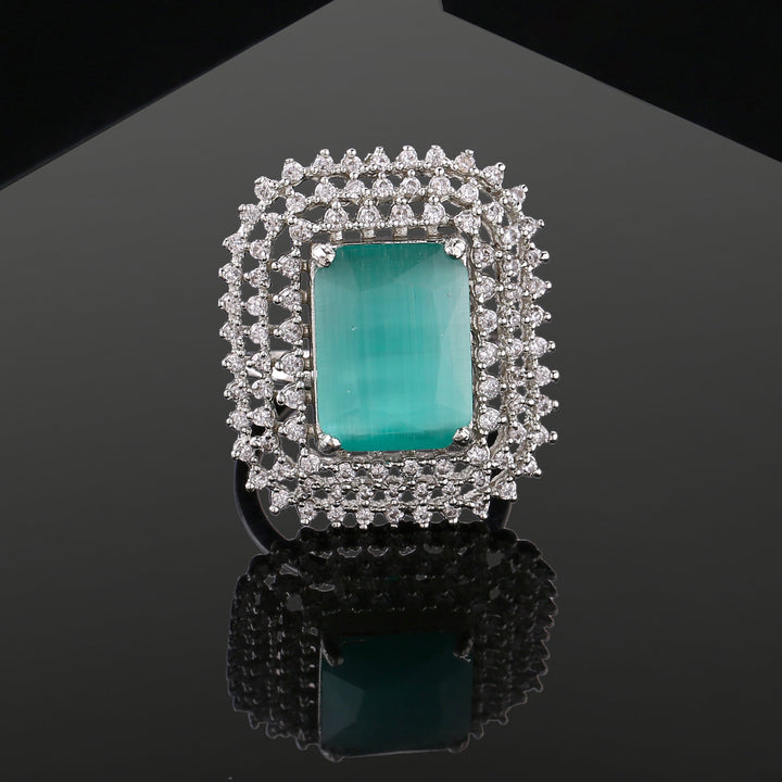 Estele Rhodium Plated Adjustable CZ Sparkling Finger Ring with Mint Green Stone for Women