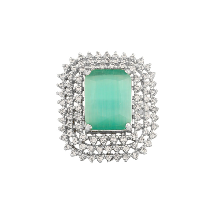 Estele Rhodium Plated Adjustable CZ Sparkling Finger Ring with Mint Green Stone for Women