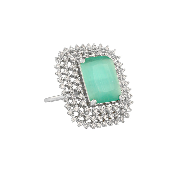 Estele Rhodium Plated Adjustable CZ Sparkling Finger Ring with Mint Green Stone for Women