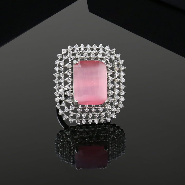Estele Rhodium Plated Adjustable CZ Sparkling Finger Ring with Mint Pink Stone for Women