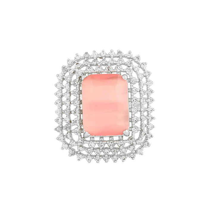 Estele Rhodium Plated Adjustable CZ Sparkling Finger Ring with Mint Pink Stone for Women