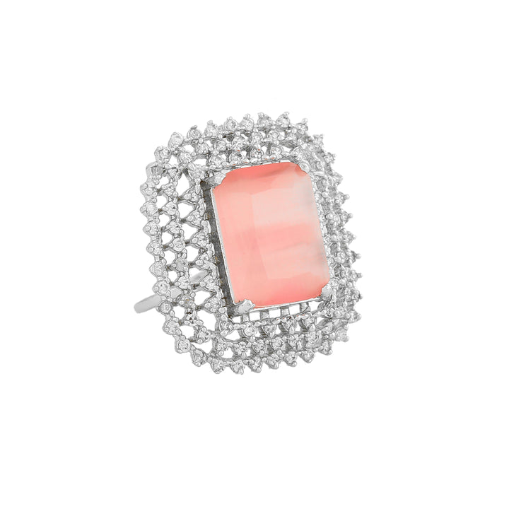 Estele Rhodium Plated Adjustable CZ Sparkling Finger Ring with Mint Pink Stone for Women