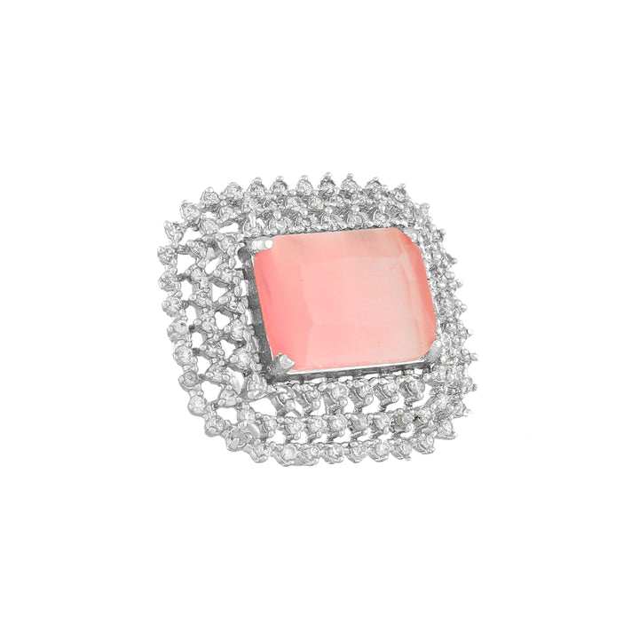 Estele Rhodium Plated Adjustable CZ Sparkling Finger Ring with Mint Pink Stone for Women