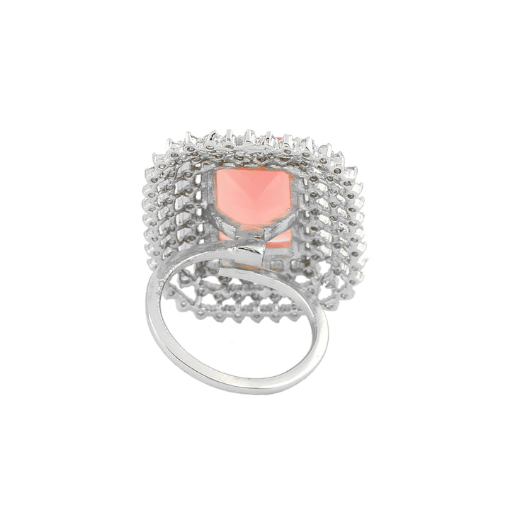 Estele Rhodium Plated Adjustable CZ Sparkling Finger Ring with Mint Pink Stone for Women