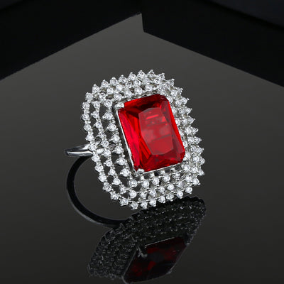 Estele Rhodium Plated Adjustable CZ Sparkling Finger Ring with Ruby Stone for Women