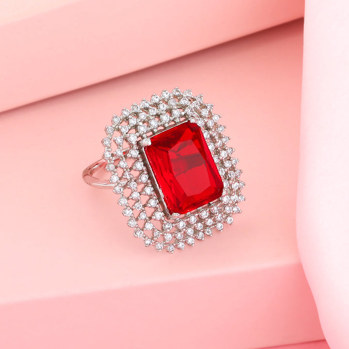 Estele Rhodium Plated Adjustable CZ Sparkling Finger Ring with Ruby Stone for Women