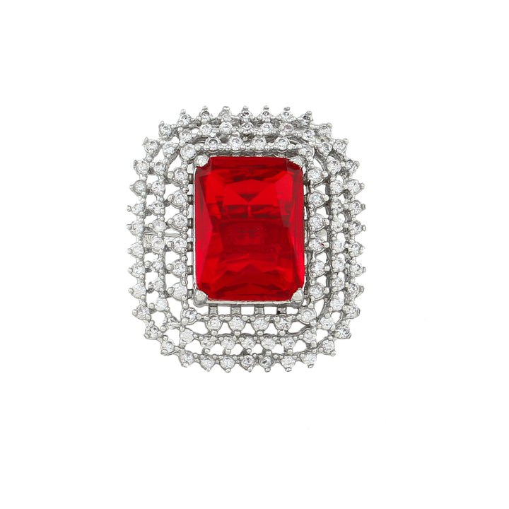 Estele Rhodium Plated Adjustable CZ Sparkling Finger Ring with Ruby Stone for Women