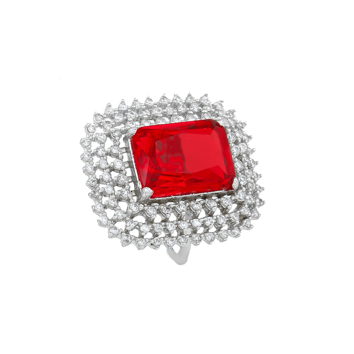 Estele Rhodium Plated Adjustable CZ Sparkling Finger Ring with Ruby Stone for Women