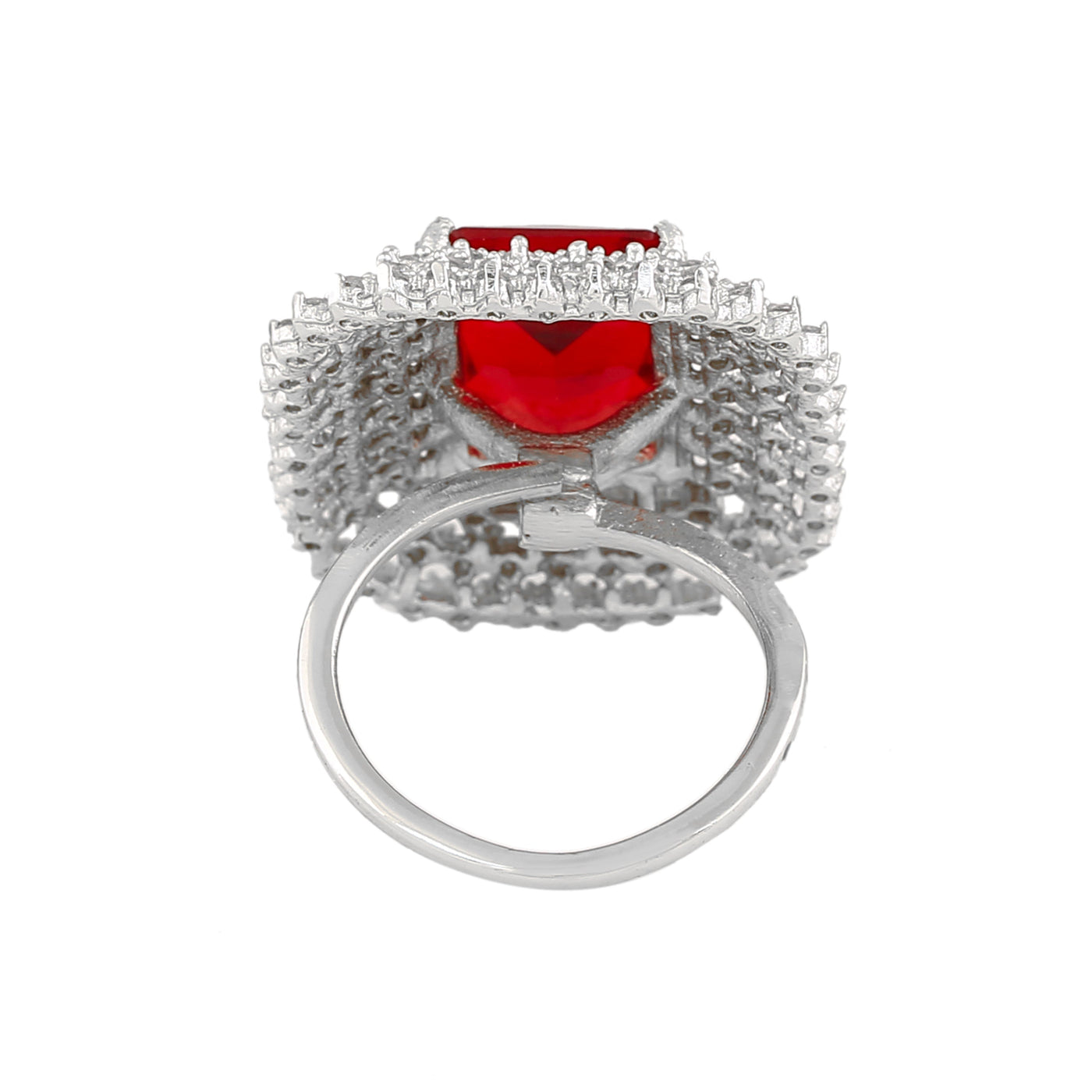Estele Rhodium Plated Adjustable CZ Sparkling Finger Ring with Ruby Stone for Women