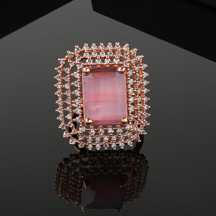 Estele Rose Gold Plated Adjustable CZ Sparkling Finger Ring with Mint Pink Stone for Women