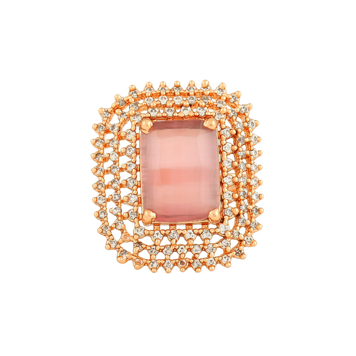 Estele Rose Gold Plated Adjustable CZ Sparkling Finger Ring with Mint Pink Stone for Women
