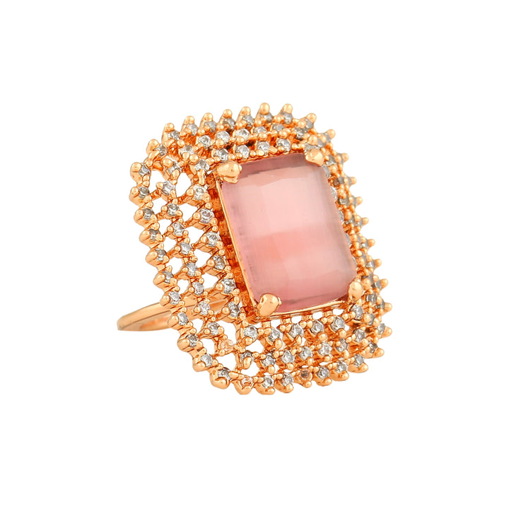 Estele Rose Gold Plated Adjustable CZ Sparkling Finger Ring with Mint Pink Stone for Women