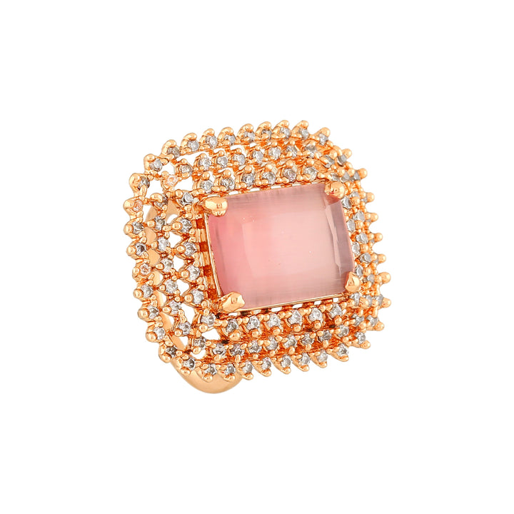 Estele Rose Gold Plated Adjustable CZ Sparkling Finger Ring with Mint Pink Stone for Women