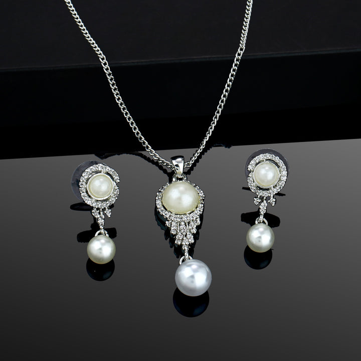Estele Rhodium Plated CZ Elegant Pearl Drop Pendant Set for Women / Girls