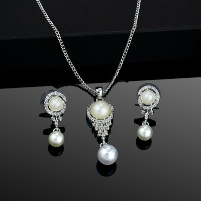 Estele Rhodium Plated CZ Elegant Pearl Drop Pendant Set for Women / Girls