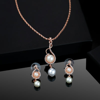 Estele Rose Gold Plated Pearl Drop with American Diamonds Necklace Set for Women / Girls
