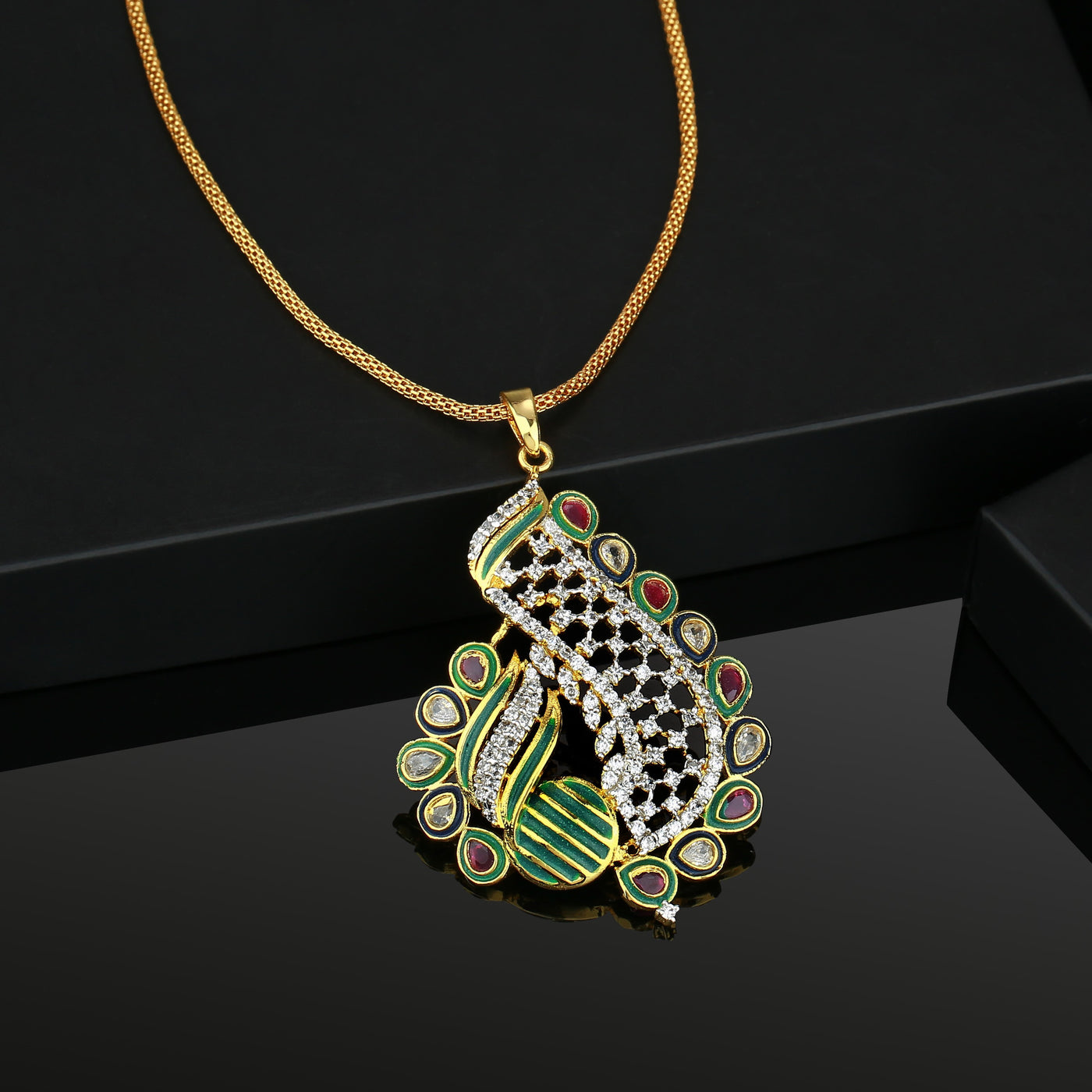 Estele 24 kt  Gold Plated Floral - Green and red Enamel with Diamond Pendant