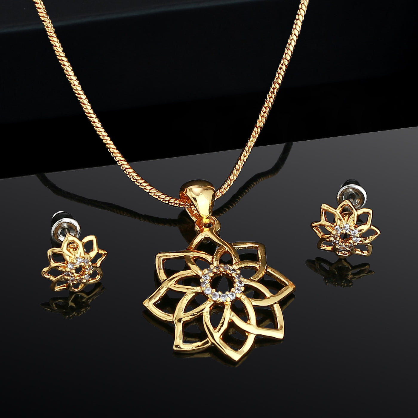 Estele Gold Plated CZ Flower Shaped Pendant Set for Women