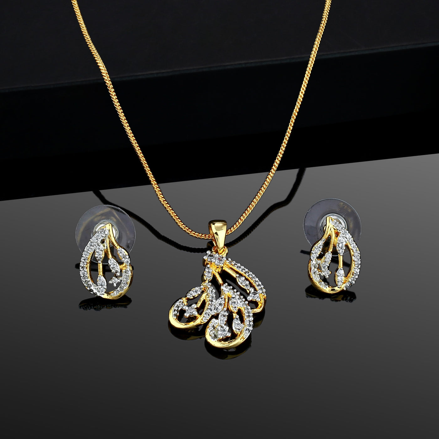 Estele 24 Kt Gold Plated Halo shaped American Diamond Necklace Set for Women / Girls
