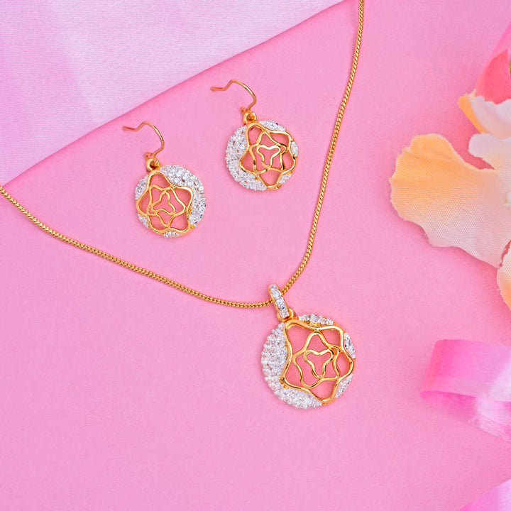 Estele - Gold Plated American Diamond Circle with Flower Pendant Set