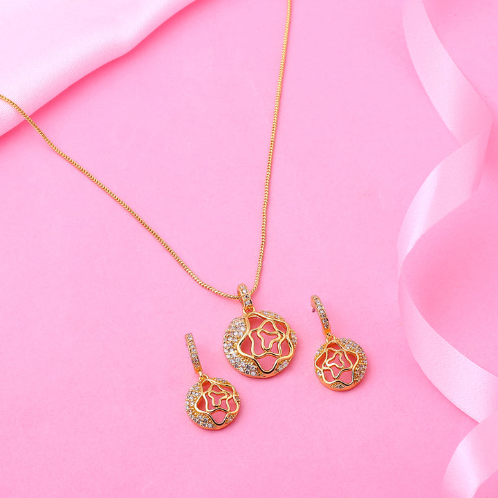 Estele - Gold Plated American Diamond Circle with Flower Pendant Set