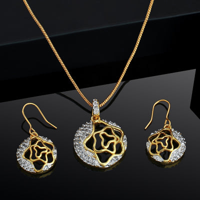 Estele - Gold Plated American Diamond Circle with Flower Pendant Set