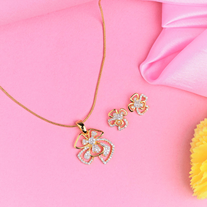 Estele Gold Plated American Diamond Flower Necklace Set for Women