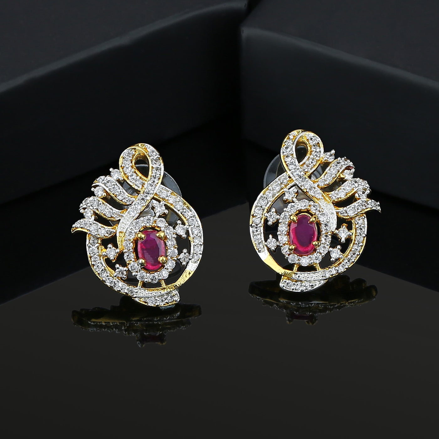Estele Gold Plated American Diamond Ruby Leaf Drop Earrings for women