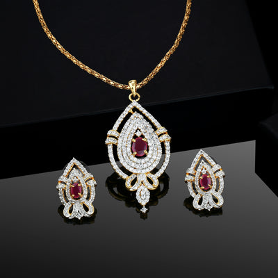 Estele 24 Kt Gold Plated American Diamond Flower and Leaf Pendant Set with Ruby Stones for Women / Girls