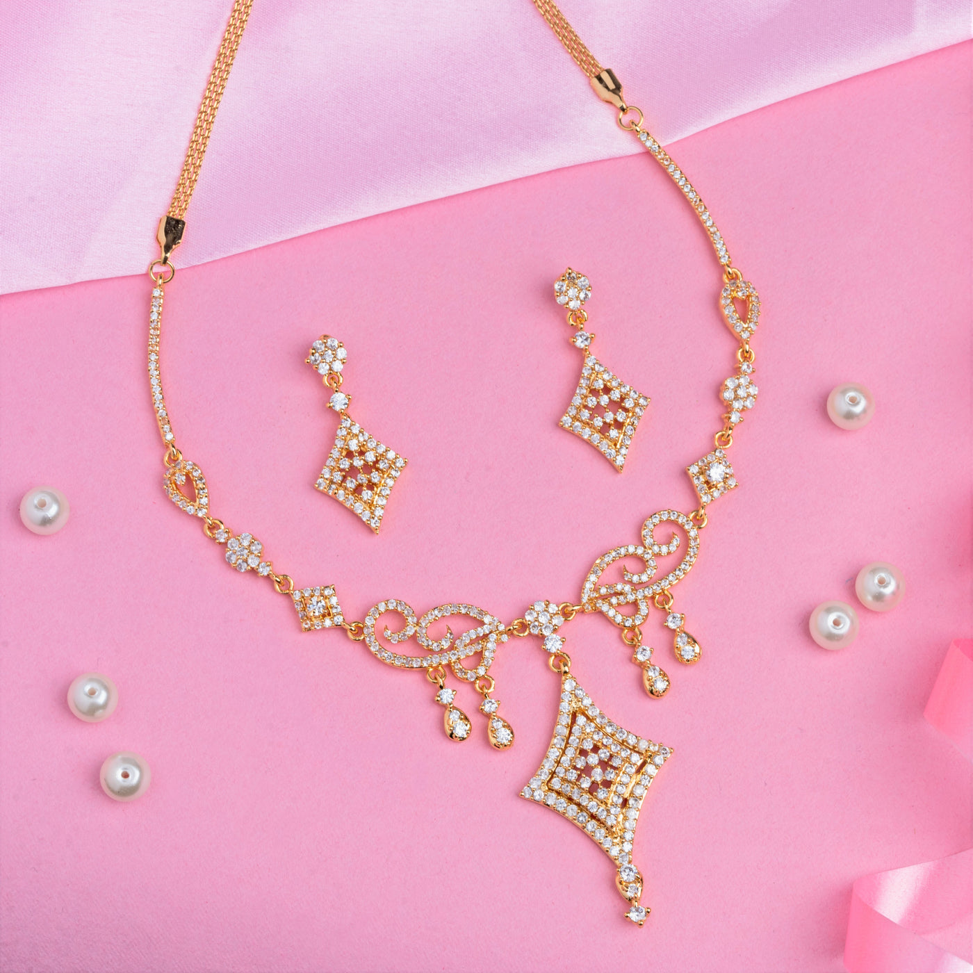 Estele 24 Kt Gold Plated Geometric Shaped American Diamond Necklace Set for Women