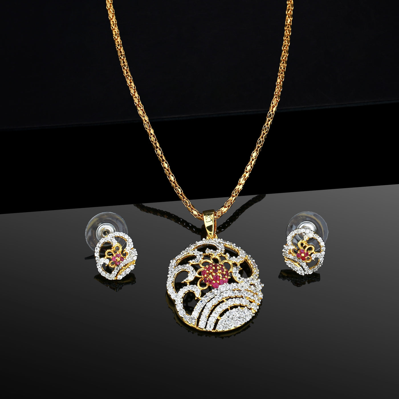 Estele Gold Plated American Diamond and Ruby Flower Shaped Fancy Pendant Set for Women / Girls