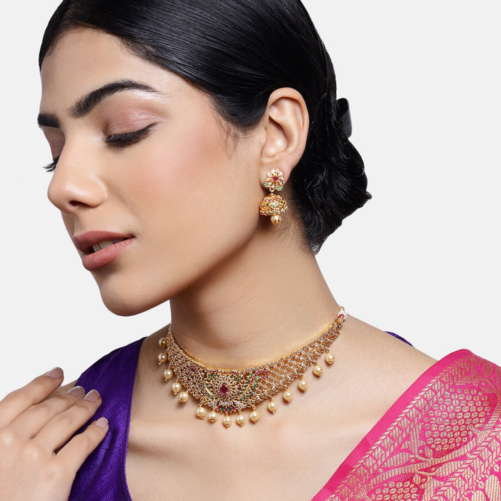 Estele Gold Plated CZ Dazzling Bridal Choker Necklace Set with Colored Stones & Pearls for Women