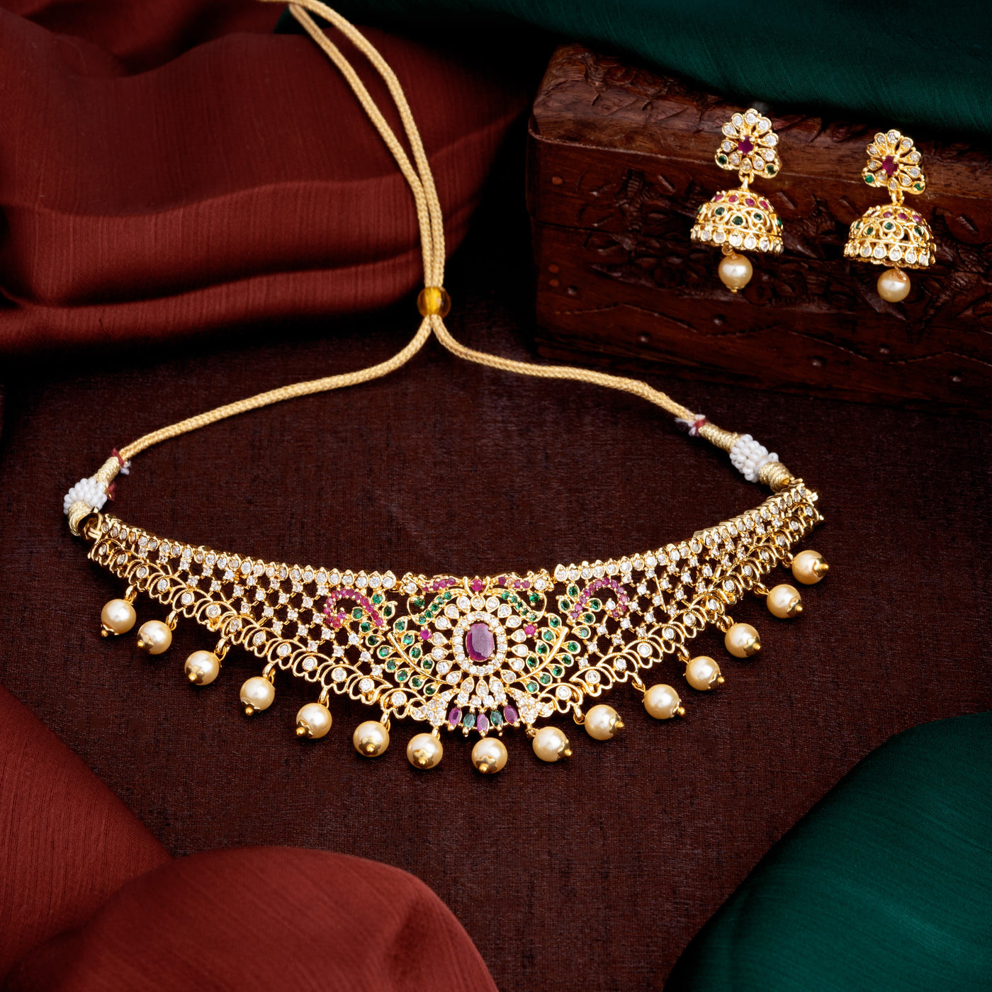 Estele Gold Plated CZ Dazzling Bridal Choker Necklace Set with Colored Stones & Pearls for Women