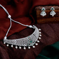 Estele Rhodium Plated CZ Traditional Bridal Choker Set with White Pearls & Green American Diamonds for Women