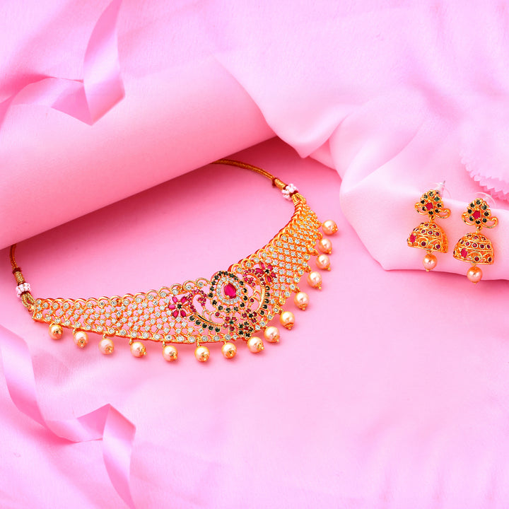 Estele Gold Plated CZ Ravishing Bridal Choker Necklace Set with Colored Stones & Pearls for Women