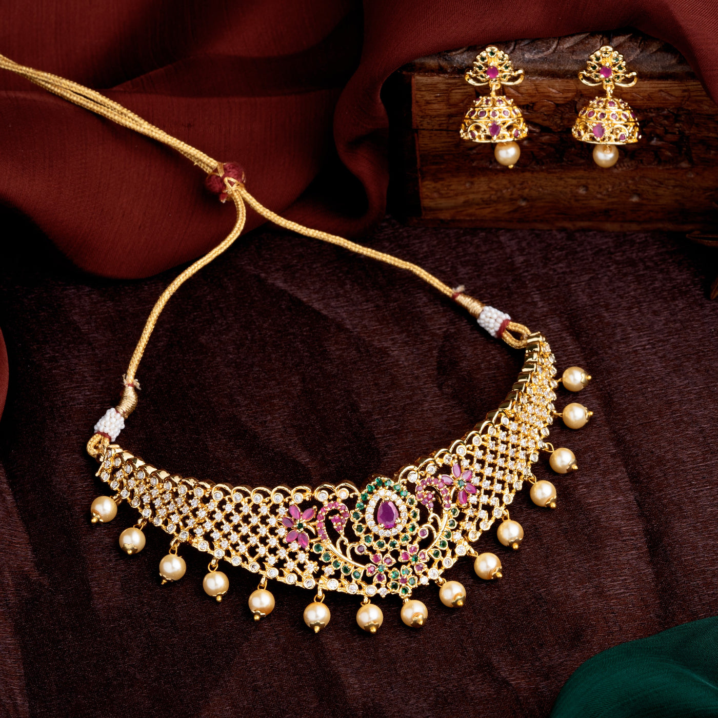 Estele Gold Plated CZ Ravishing Bridal Choker Necklace Set with Colored Stones & Pearls for Women