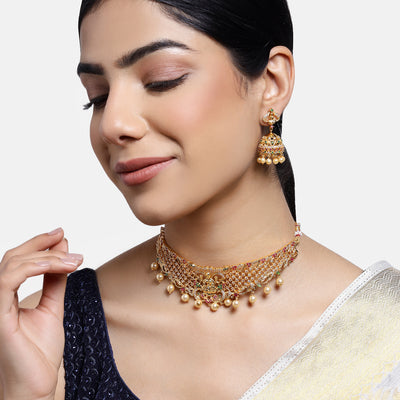 Estele Gold Plated CZ Divine Laxmi Ji Designer Bridal Necklace Set with Colored Stones & Pearls for Women