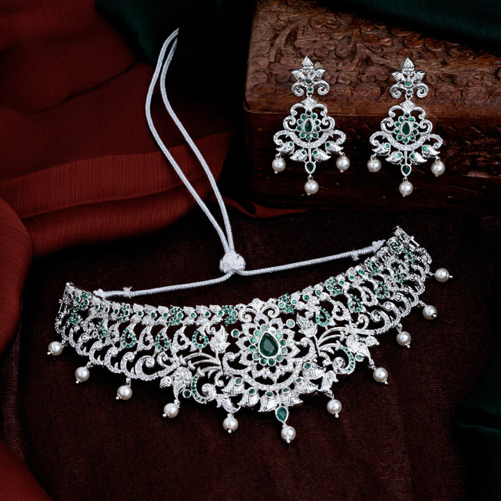 Estele Rhodium Plated CZ Magnificent Bridal Choker Necklace Set with Green Stones & Pearls for Women