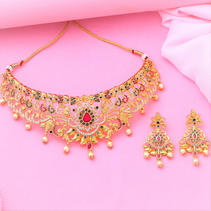 Estele Gold Plated CZ Magnificent Bridal Necklace Set with Colored Stones & Pearls for Women