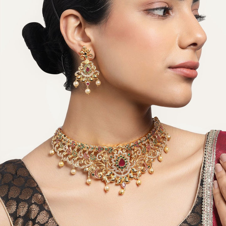 Estele Gold Plated CZ Magnificent Bridal Necklace Set with Colored Stones & Pearls for Women
