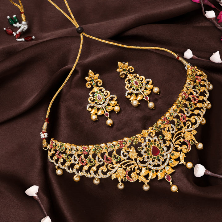 Estele Gold Plated CZ Magnificent Bridal Necklace Set with Colored Stones & Pearls for Women
